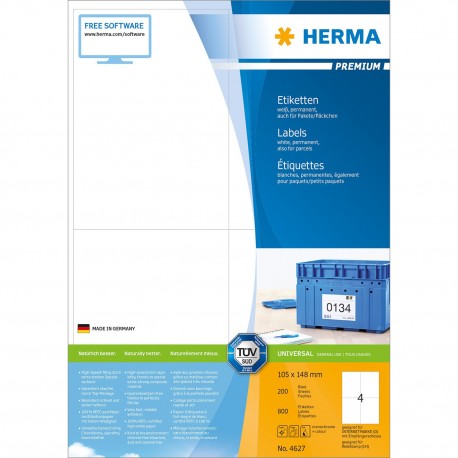 Herma 4627 超級標籤 A4 105毫米x148毫米 200張 800個 白色