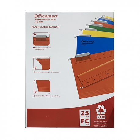 Officemart Hanging File F4 25pcs Grey/Blue/Green/Orange/Red/Yellow