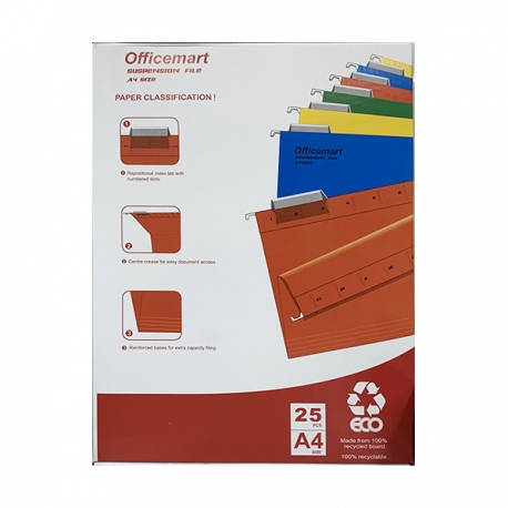 Officemart Hanging File A4 25pcs Grey/Blue/Green/Orange/Red/Yellow