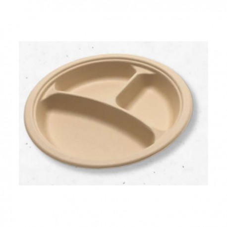 Beybo Plastic Biodegradable & Compostable Bagasse Round Plate 3-partition Dia. 230mm 500Pcs