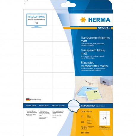 Herma 4685 Premium Labels A4 70mmx37mm 25Sheets 600's Transparent Matt
