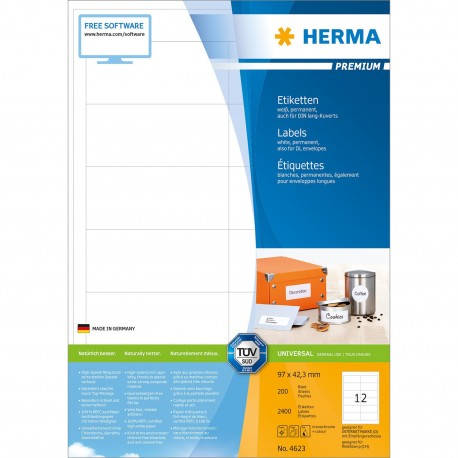 Herma 4623 Premium Labels A4 96.5mmx42.3mm 200Sheets 2400's White