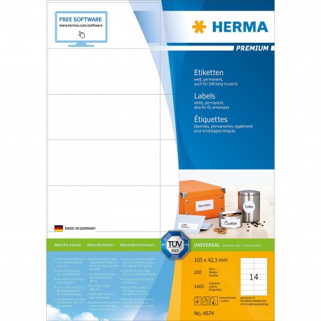 Herma 4674 Premium Labels A4 105mmx42.3mm 100Sheets 1400's White