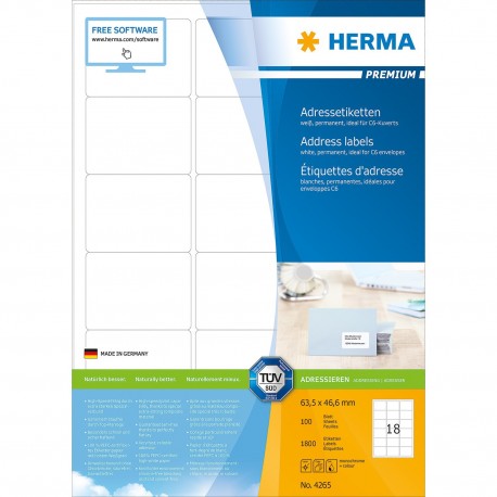 Herma 4265 Premium Labels A4 63.5mmx46.6mm 100Sheets 1800's White