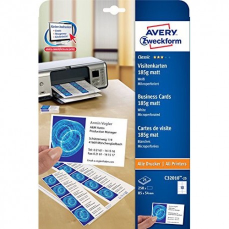 Zwecform 32010 Business Cards A4 85mmx54mm 250's 185gsm Matt White