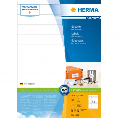 Herma 4455 Premium Labels A4 70mmx25.4mm 100Sheets 3300's White