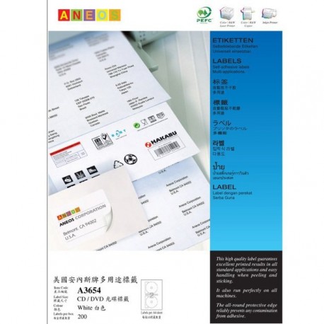 ANEOS A3654 Multipurpose Labels CD Labels A4 Dia.114.5mm 200's White