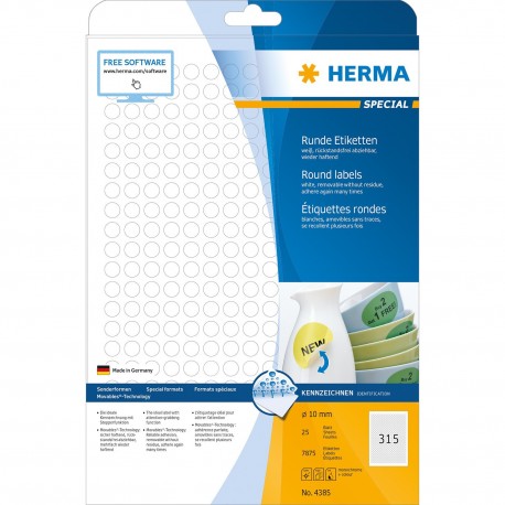Herma 4385 Round Labels A4 10mm 25Sheets 7875's White