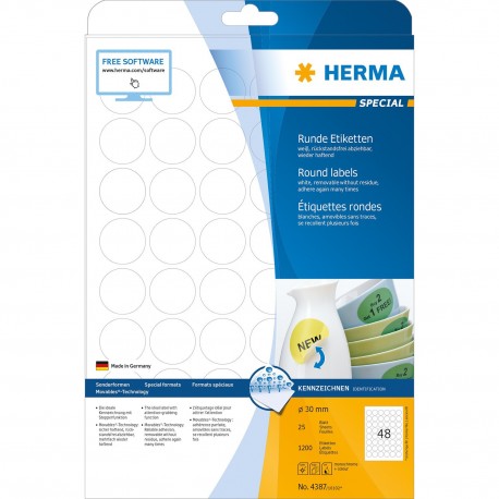 Herma 4387 Round Labels A4 30mm 25Sheets 1200's White